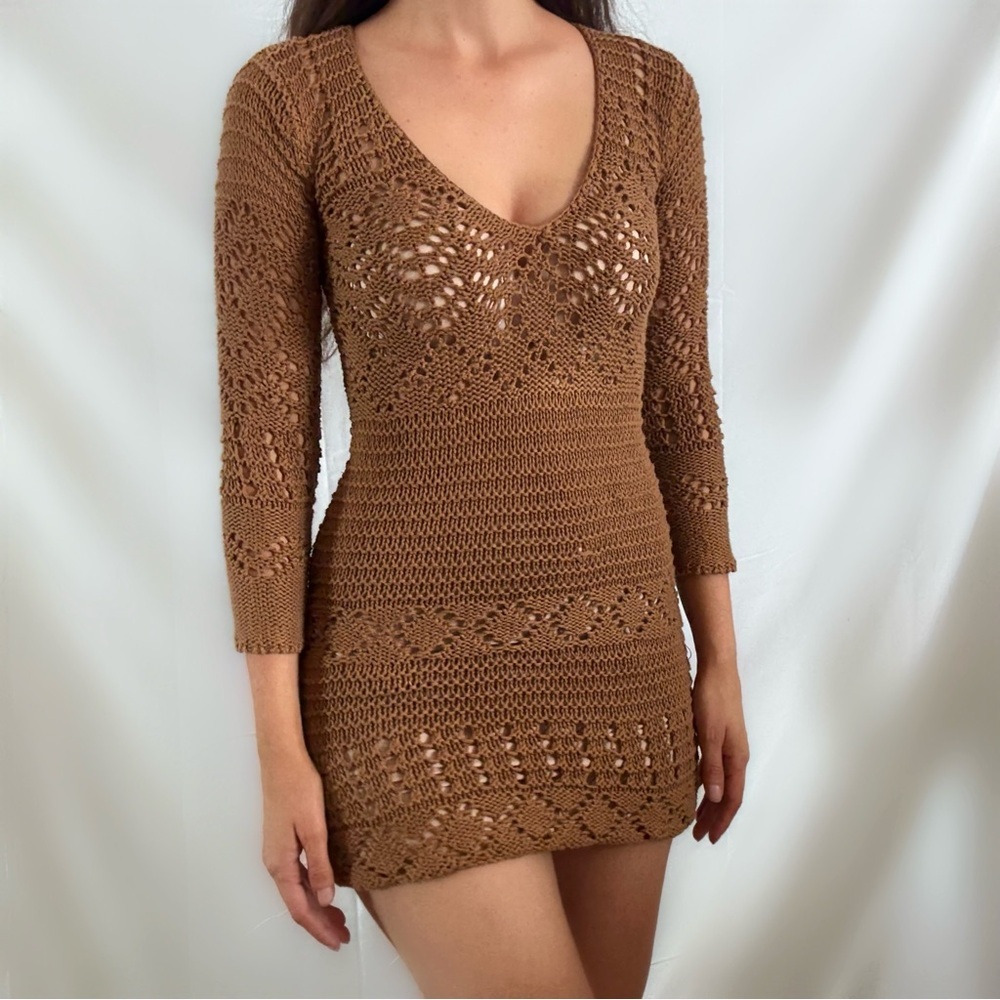 Vintage Y2K brown crochet bodycon knit dress XS S mini boho indie
